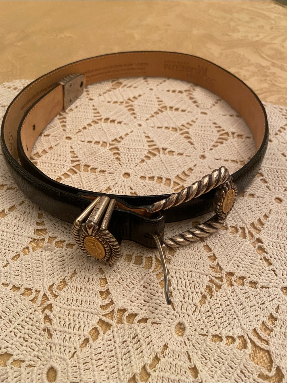 Vintage Brighton Black Leather Belt with Silver Twisted Rope and Gold Conchos